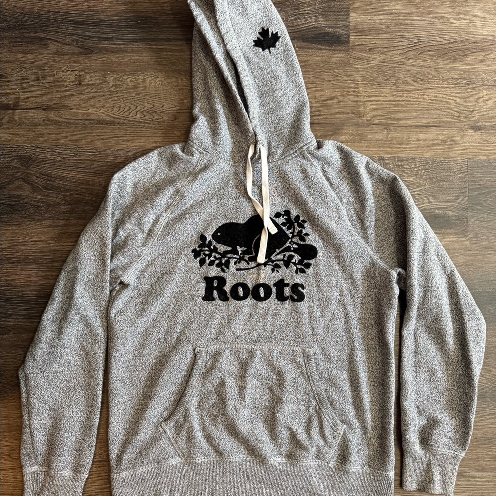 Roots Heather Gray Hoodie with Black Emblem